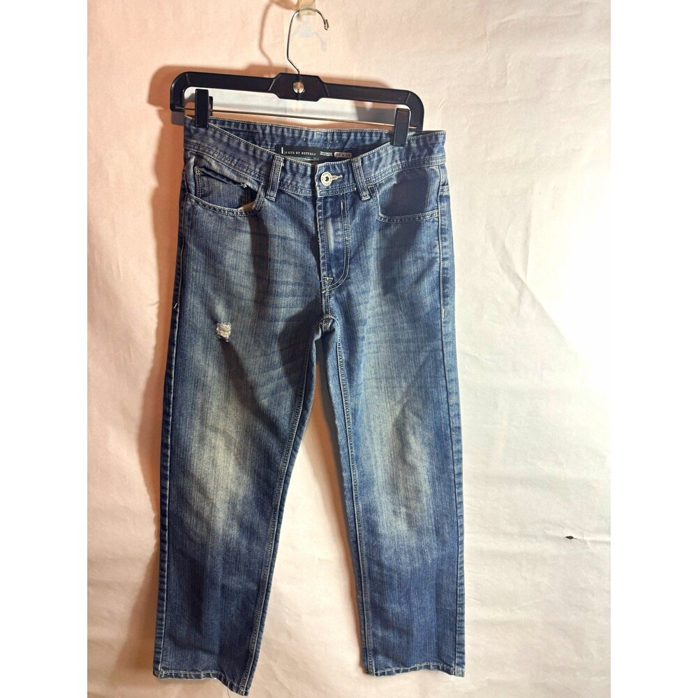 Buffalo David Bitton Blue Denim Straight Mid Rise Distressed 5-Pocket Jean